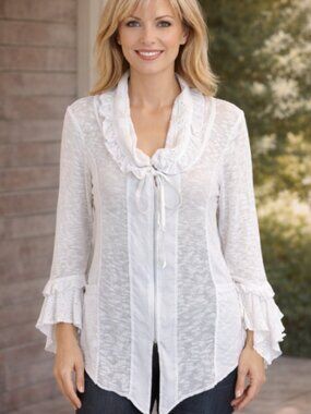 Linea Domani White Boho Ruffle Zip Cardigan Romantic Cottagecore Top NWT